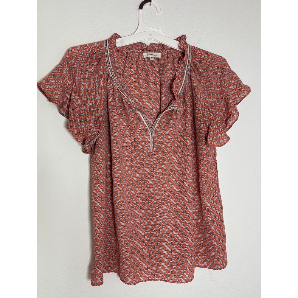 Max Studio Orange‎ Geometric Diamond Print Ruffle Neck Flutter Sleeve Small